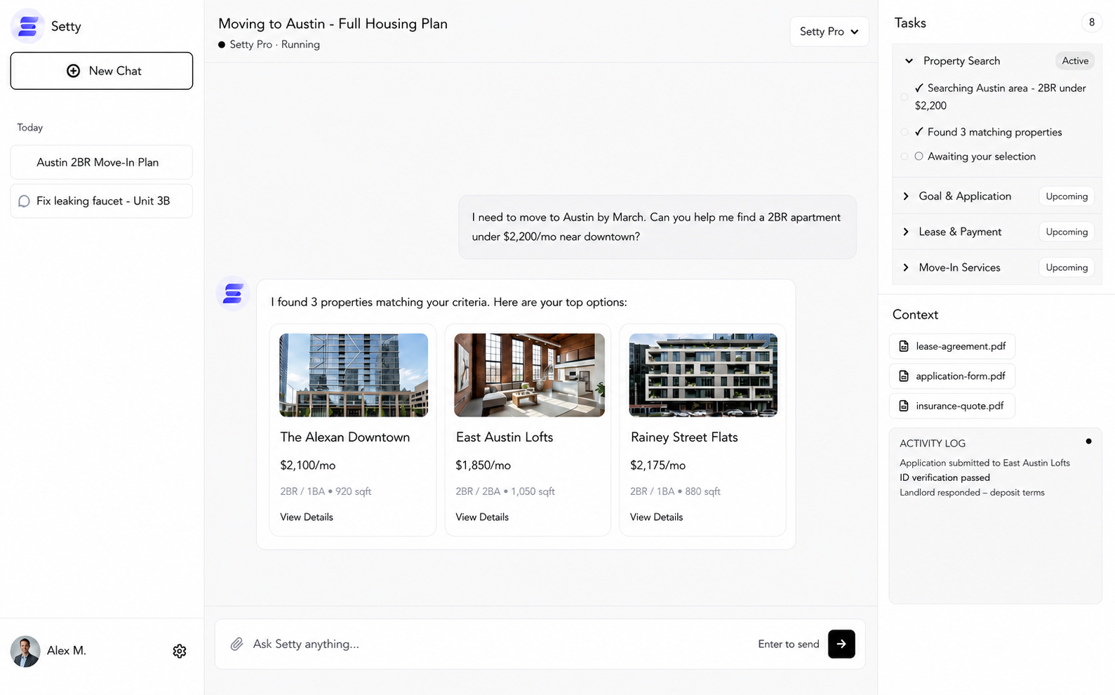 Settlyfe AI assistant screen showing a housing plan with property recommendations, task checklist, and document context